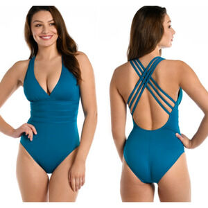 NWT La Blanca Island Goddess Strappy One Piece Swimsuit Turquoise Blue Sz 10